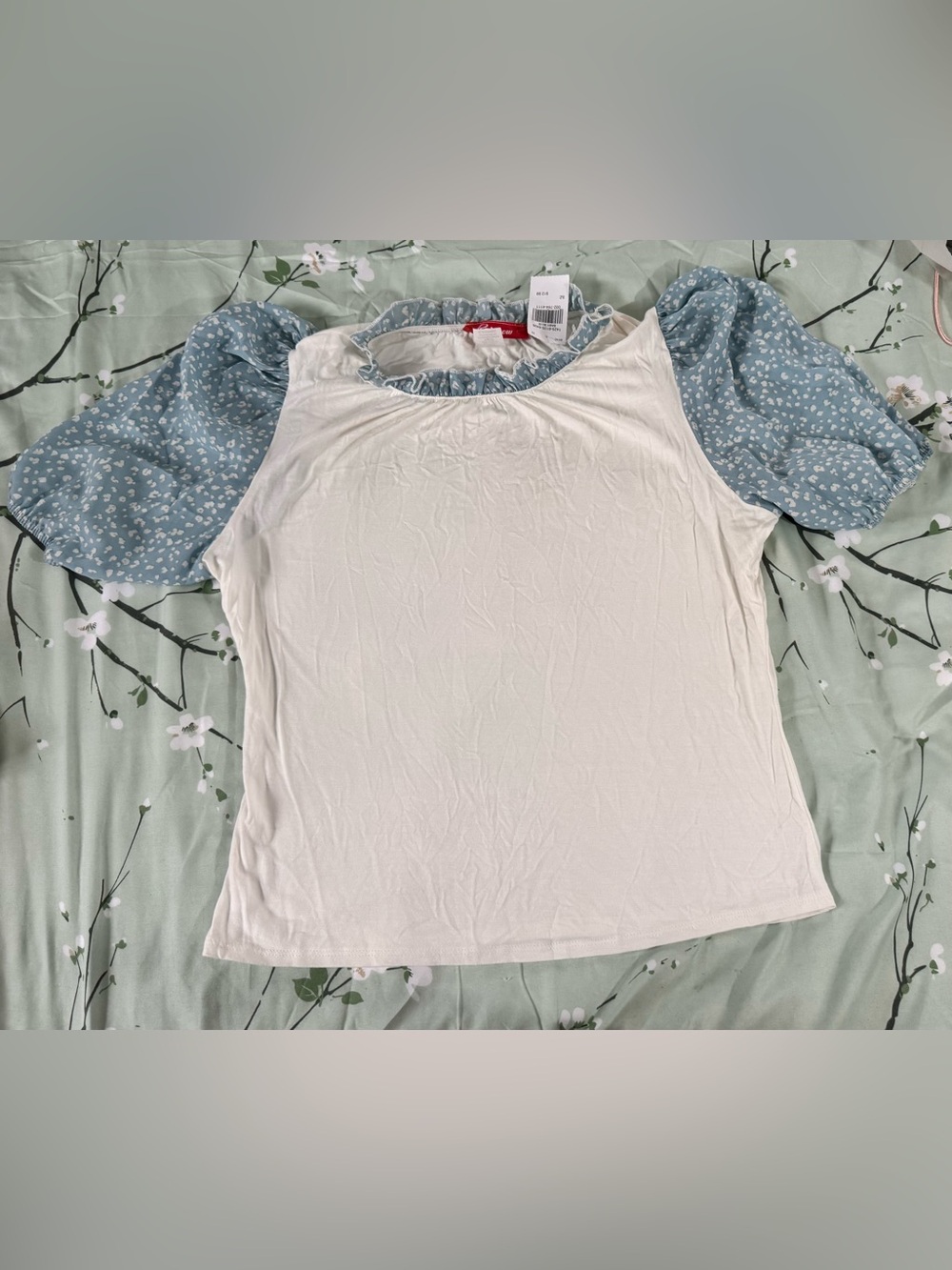 Rainbow White Top with Blue Floral Puff Sleeves-XLarge but runs Large